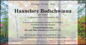Traueranzeige von Hannelore Bodschwinna von Braunschweiger Zeitung