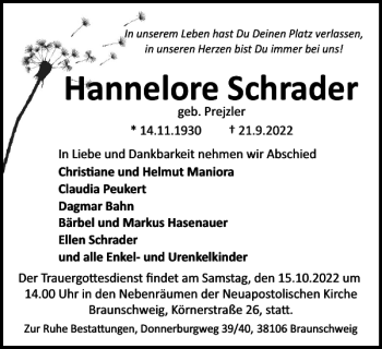 Traueranzeige von Hannelore Schrader von Braunschweiger Zeitung