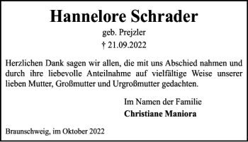 Traueranzeige von Hannelore Schrader von Braunschweiger Zeitung