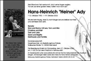 Traueranzeige von Hans-Heinrich Heiner Ady von Helmstedter Nachrichten