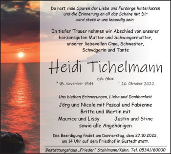 Traueranzeige von Heidi Tichelmann von Salzgitter Zeitung