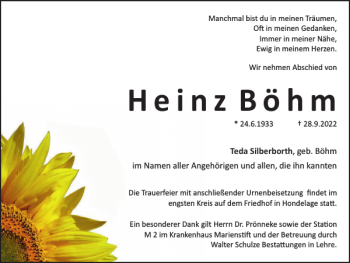 Traueranzeige von Heinz Böhm von Braunschweiger Zeitung