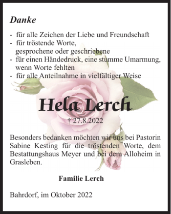 Traueranzeige von Hela Lerch von Helmstedter Nachrichten