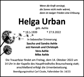 Traueranzeige von Helga Urban von Braunschweiger Zeitung