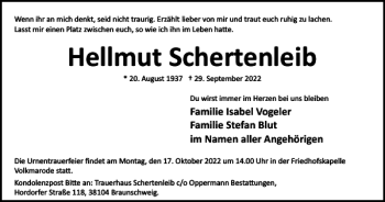 Traueranzeige von Hellmut Schertenleib von Braunschweiger Zeitung