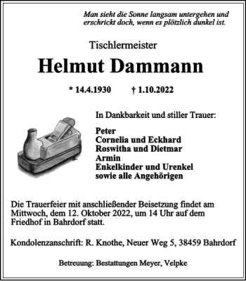 Traueranzeige von Helmut Dammann von Helmstedter Nachrichten