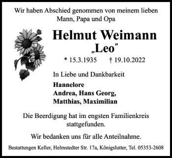 Traueranzeige von Helmut Weimann von Helmstedter Nachrichten