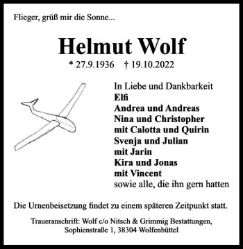 Traueranzeige von Helmut Wolf von Braunschweiger Zeitung