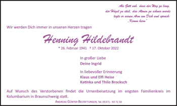 Traueranzeige von Henning Hildebrandt von Braunschweiger Zeitung