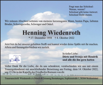 Traueranzeige von Henning Wiedenroth von Wolfenbütteler Zeitung