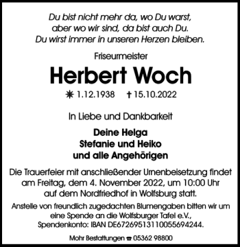Traueranzeige von Herbert Woch von Wolfsburger Nachrichten
