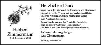 Traueranzeige von Herbert Zimmermann von Wolfsburger Nachrichten