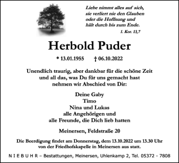 Traueranzeige von Herbold Puder von Wolfsburger Nachrichten