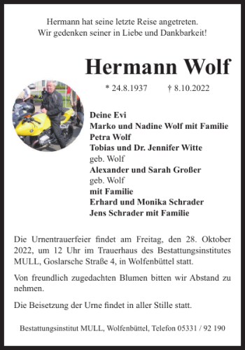 Traueranzeige von Hermann Wolf von Wolfenbütteler Zeitung