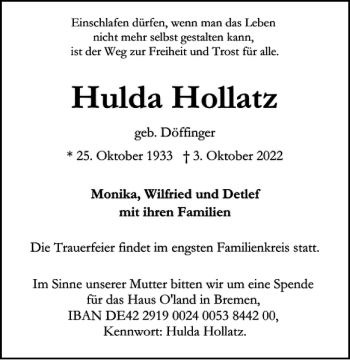 Traueranzeige von Hulda Hollatz von Wolfenbütteler Zeitung