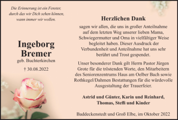 Traueranzeige von Ingeborg Bremer von Salzgitter Zeitung