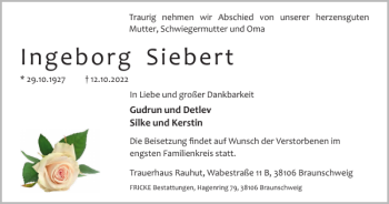 Traueranzeige von Ingeborg Siebert von Braunschweiger Zeitung