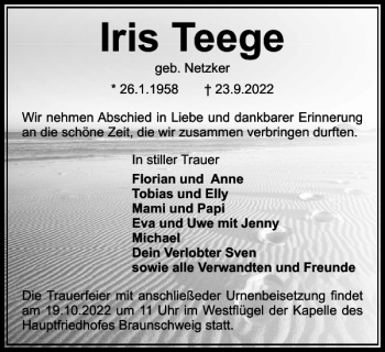 Traueranzeige von Iris Teege von Braunschweiger Zeitung