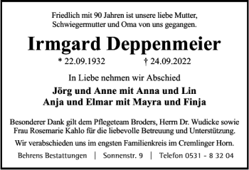 Traueranzeige von Irmgard Deppenmeier von Braunschweiger Zeitung