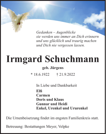Traueranzeige von Irmgard Schuchmann von Helmstedter Nachrichten