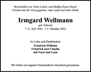 Traueranzeige von Irmgard Wellmann von Wolfenbütteler Zeitung