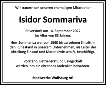 Traueranzeige von Isidor Sommariva von Wolfsburger Nachrichten