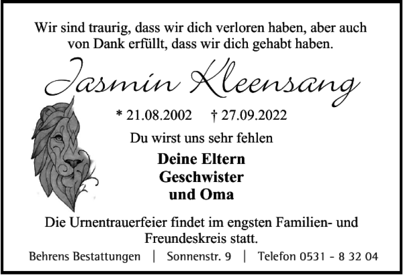  Traueranzeige für Jasmin Kleensang vom 08.10.2022 aus Braunschweiger Zeitung