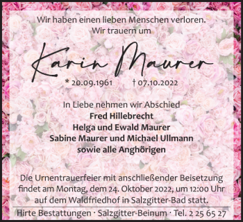 Traueranzeige von Karin Maurer von Salzgitter Zeitung