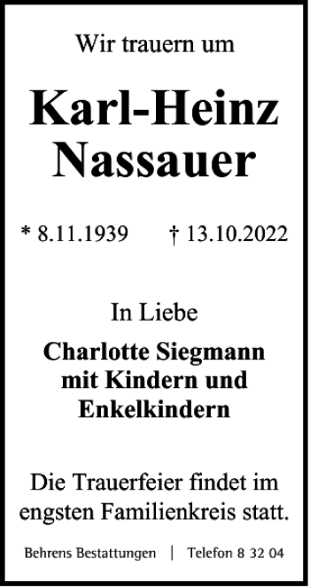 Traueranzeige von Karl-Heinz Nassauer von Braunschweiger Zeitung