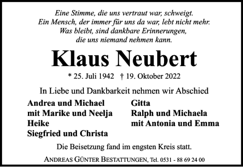  Traueranzeige für Klaus Neubert vom 29.10.2022 aus Braunschweiger Zeitung