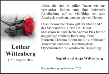 Traueranzeige von Lothar Wittenberg von Braunschweiger Zeitung