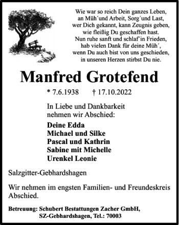 Traueranzeige von Manfred Grotefend von Salzgitter Zeitung