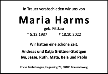 Traueranzeige von Maria Harms von Braunschweiger Zeitung
