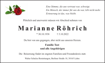 Traueranzeige von Marianne Röhrich von Helmstedter Nachrichten