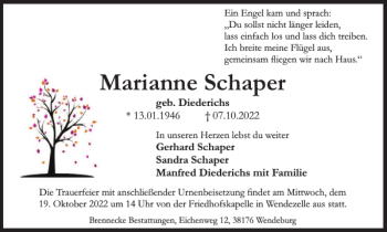 Traueranzeige von Marianne Schaper von Peiner Nachrichten
