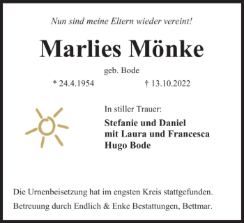 Traueranzeige von Marlies Mönke von Peiner Nachrichten
