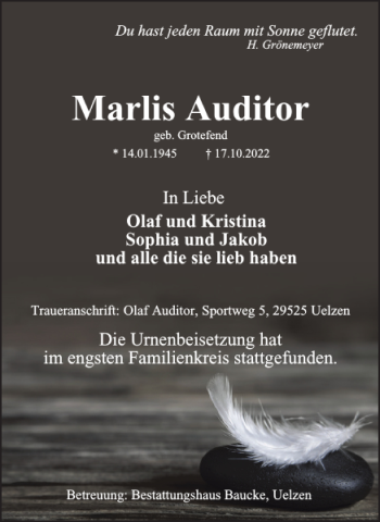 Traueranzeige von Marlis Auditor von Salzgitter Zeitung
