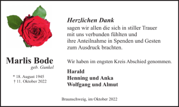 Traueranzeige von Marlis Bode von Braunschweiger Zeitung