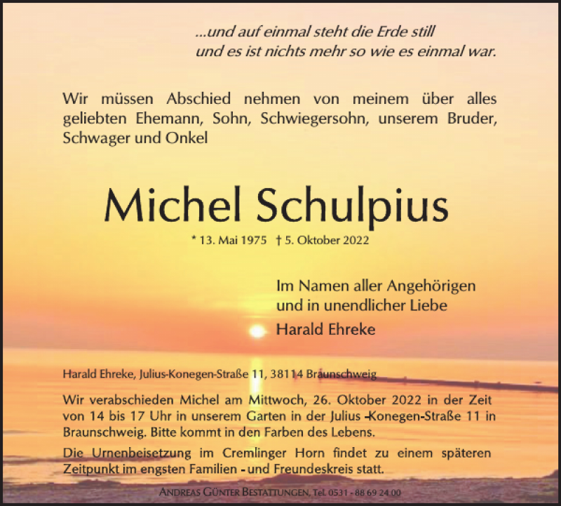  Traueranzeige für Michel Schulpius vom 22.10.2022 aus Braunschweiger Zeitung