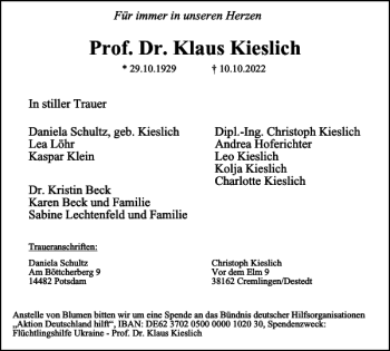 Traueranzeige von Prof. Dr. Klaus Kieslich von Braunschweiger Zeitung