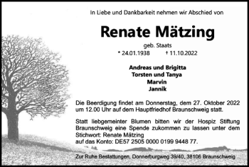 Traueranzeige von Renate Mätzing von Braunschweiger Zeitung