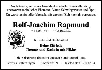 Traueranzeige von Rolf-Joachim Rapmund von Braunschweiger Zeitung