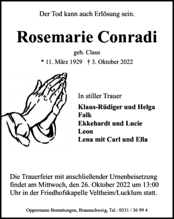 Traueranzeige von Rosemarie Conradi von Wolfenbütteler Zeitung