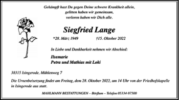 Traueranzeige von Siegfried Lange von Wolfenbütteler Zeitung