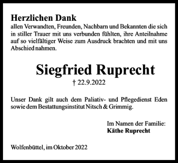 Traueranzeige von Siegfried Ruprecht von Wolfenbütteler Zeitung