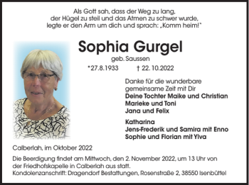 Traueranzeige von Sophia Gurgel von Wolfsburger Nachrichten
