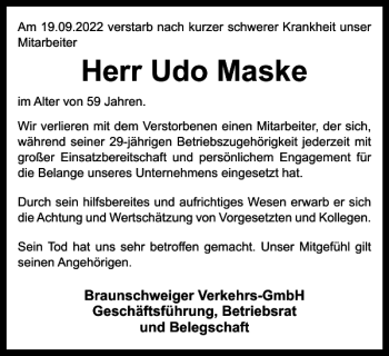 Traueranzeige von Udo Maske von Braunschweiger Zeitung