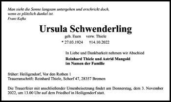 Traueranzeige von Ursula Schwenderling von Wolfsburger Nachrichten