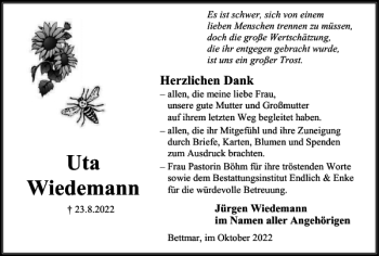 Traueranzeige von Uta Wiedemann von Peiner Nachrichten