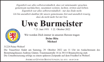 Traueranzeige von Uwe Burmeister von Braunschweiger Zeitung